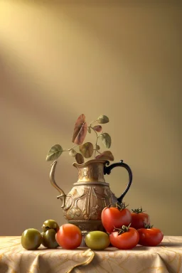 renaissance style still life composite by Raviolis with natural tomato, albahaca, olives, olive oil. moisture, art, natural, ornaments, marble, gold, high kitchen, smooth, gradient color background, unreal engine 5, ray tracing, RTX, lumen lighting, ultra detail, volumetric lighting, 3d.