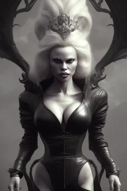 Pamela Anderson as evil queen in black leather, leather, busty, cleavage, angry, stern look. character design by cory loftis, fenghua zhong, ryohei hase, ismail inceoglu and ruan jia. unreal engine 5, artistic lighting, highly detailed, photorealistic, fantasy