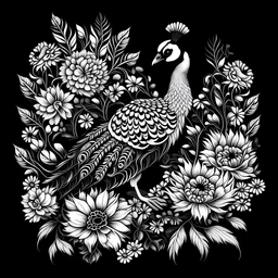 black and white. peafowl between seeds and big flowers. black background. for a coloring.