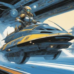 (in the style of Orion, by Masamune Shirow) an alien in rugs driving a futuristic sarship