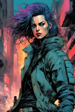 Create a full body portrait illustration of a 35 year old cyberpunk female street criminal in a flak jacket with strong female features and curled hair in a chaotic, turbulent and otherworldly city style in the comic art style of bill sienkiewicz and Jean giroud moebius, searing lines and forceful strokes, precisely drawn, inked and darkly coloured