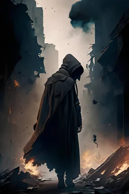 a man in a medival dark hooded cloke surrounded by smoke fullbody walking trough a destroyed city