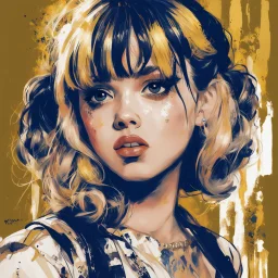 Poster in two gradually, a one side the Singer Danish MØ face and other side the Singer Melanie Martinez face, painting by Yoji Shinkawa, darkblue and gold tones,