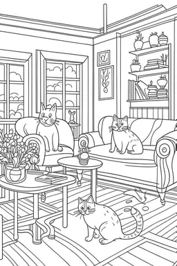 coloring page for kids, Cats in the living room, cartoon style, thick lines, low detail, no shading