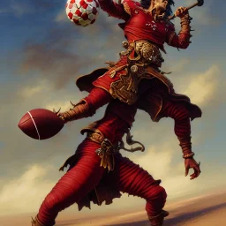 A mighty pirate warrior in dark red armor, throwing a football, beach background, style by peter mohrbacher, donato giancola, joseph christian leyendecker, wlop, boris vallejo