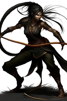 female Shadar-Kai wielding a Whip a whip made out of black thorns