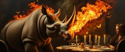 portrait painted by Rembrandt, stupid looking fire breathing dragon rhino at banquet