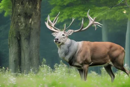 one stag, one double bass is propped to the side of the stag, river forest in the background, surreal style