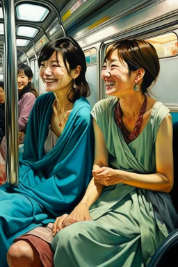 Neoclassicism 2 japanese woman smiling at other woman sitting in metro realistic cote d'azur painting colorfull