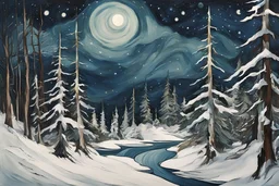 Painting of a snow draped haunted coastal cedar forest , beneath a star strewn winter night sky, in the Expressionist style of Egon Schiele, Oskar Kokoschka, and Franz Marc, in muted natural colors