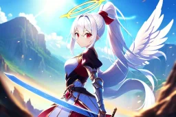 girl, masterpiece, best quality, volumetric lighting, detailed outfit, perfect eyes, long hair, white hair, red eyes, ponytail, armored dress, dynamic pose, halo, white wings, sword, landscape, fisheye, lens flare abuse,