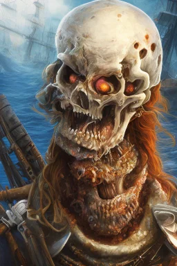 close up portrait of a zombi as a pirate, 2d drawing, background on a boat