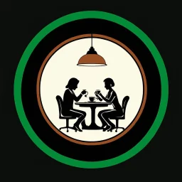 A circular logo for a cafe called (cofe didar) with a distinctive green border, in the center of which are two people sitting at a two-person table drinking coffee and a light above their heads.