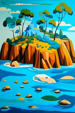 A light cerulean blue island with a cave designed in Australian aboriginal art painted by Stuart Davis