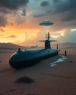 A nuclear submarine left in the desert with sands and a little water and stormy clouds ,moved by a ufo spaceship and aliens are surrounding the submarine examining the submarine is tied by iron rob lefter it up by the ufo spaceship