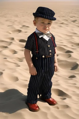 Pugsley Addams. Like the rest of his unconventional family, Pugsley eschewed typical beach attire for a more sophisticated Gucci ensemble. He wore pinstriped trousers in navy blue anchored by shiny black suspenders. The hems were rolled up slightly to walk more easily in the shifting sands. On his small torso was a matching pinstriped jacket with brass buttons adorned by the interlocked GG logo. Under one arm, Pugsley carried his beloved oversized dynamite stick, the long fuse trailing behind hi