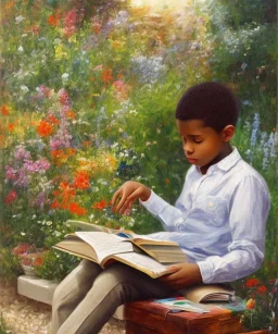 Abstract painting wealthy young african American boy reading in garden