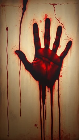 Bosch style painting , A shadow of a spirit inside a bloody hand print on a bloody wall