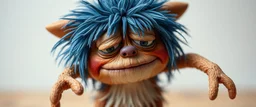 close up portrait of hairy fluffy polymer clay cute happy worried monster with realistic human colored and textured skin, and long sleek limbs and with studio lights, so tired of singing and dancing
