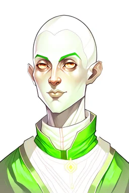 full color portrait drawing, portrait, 22-year old friendly female human cleric, shaved head, light eyebrows, grey eyes, wearing white (10%) and dark green (80%)