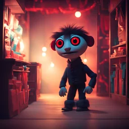 Puppet in the corner all alone puppet with glowing red eyes, background toy store, in dreamworks art style
