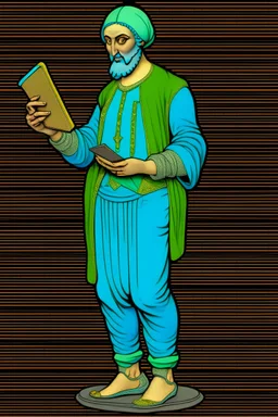 Modern guy, 20s, holding ipad in left hand, looks like a renaissance painting, walking forward, full body, "persian green", "right hand pointing down". "Front facing"