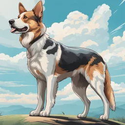 Draw an lineal illustration of a dog, ultra quality, detailed, 8k, full body, clear sky with clouds