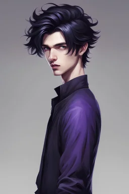 Black-haired guy, 19 years old, bright purple eyes, stylish hairstyle, pale skin, sorcerer, full-length