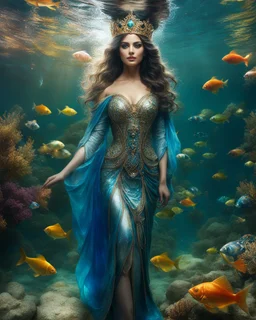 Full body shoot excellent pose gorgeous Beautiful Queen photography art realistic,cinematic colors,soft blur ,natural beauty, of young woman, smiling, beautiful, shiny grey eyes, beauty make up,Queen Persian style, shiny baubles, ornate, large gemstones, shiny molten metalics, shiny wire filigree, brown hair, high definition, Walk in underwater scene teeming with colorful fish nemo, many full fishes swim, and gentle sea turtle