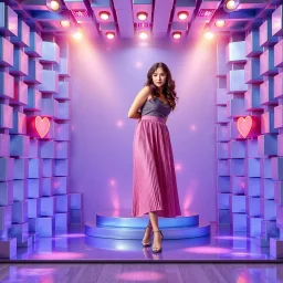 make a picture pretty stage made of metallic blue-gray teme 3d recursive cubic and sphere and heart simbol lights s base structures and a beautiful fashion model lady standing with cute in scene with sexy top and pretty pleated midi skirt ,makeup curvy long hair,dynamic camera zoom to full body and pan, dynamic lights.