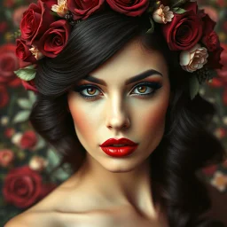 The focal point is a woman's face, adorned with dramatic makeup, particularly her vivid red lips. Her gaze is intense and captivating. The woman's hair is styled into an elaborate floral crown featuring deep red roses and other flowers, creating a halo-like effect around her head. This crown melds with her dark hair, which frames her face elegantly. What's particularly striking is the surreal, layered quality of the image. The woman's body seems to merge with or emerge from a background rich wit