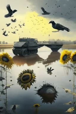 gray lake with bridge of sunflowers and tanks and black birds in fuggy sky with dim sunlight