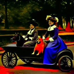 The Goldsmith Ladies in the Bois de Boulogne in 1897 on a Peugeot car, Julius LeBlanc Stewart, smile, dog