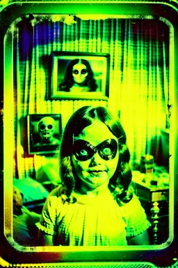 1960s photo old blurred analog damaged flawed defective polaroid photo, in the nursery, occult satanic ritual on halloween night, Cross processing