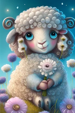 Happy and cute Scottish Highland sheep with dreamy sparkling eyes, gender girl, 4K resolution quality, sitting and holding a flower, nursery art, very beautiful and highly polished, with full details, smooth edges, soft hair and cotton O, flawless facial features, stunning, whimsical fantasy, beautiful, detailed, well-rendered, cartoon, illustration