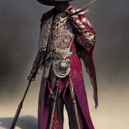 Insanely detailed photograph of an “portrait of an D&D Echo Knight wearing a burgandy charro”, intricate cowboy hat, stern clear face and hyperdetailed painting by Ismail Inceoglu Huang Guangjian and Dan Witz CGSociety ZBrush Central fantasy art album cover art,8K, hdr, epic, mysterious, ominous, hands focused on a glowing D20, jewelry, motivated