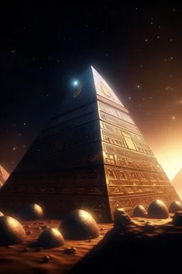 a dice standing on its corner, stars shining, Egyptians with the hair standing straight up in front of pyramid of Babel. 4 k, down light, depth of field, trending art, spray paint, high detail, fantasy art, alien connection, future tech, boxes