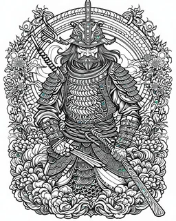 samurai tattoo, coloring book page, clean line art, adults drawing book, Black and white only, crisp black lines, sharp lines, coloring page for adults, black and white picture, lots of details, tattoo style,tattoo ideas, full body