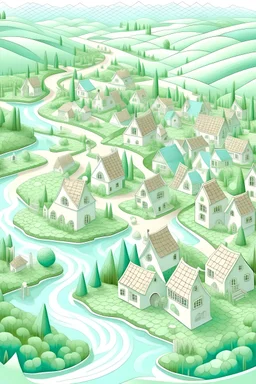A light mint color village filled with windmills painted by MC Escher