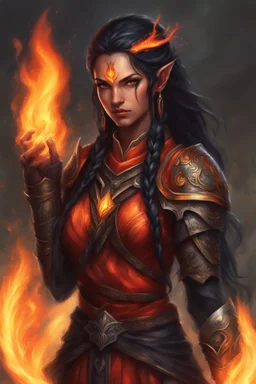 Picture a fierce eladrin druid with blazing jet-black hair, half braided and half down, emitting flames as she conjures fire with her hands. Her eyes shine bright red, and a big scar on her face tells of battles fought. Clad in light armor, she embodies strength and elemental mastery, with her flaming hair adding to the intensity.