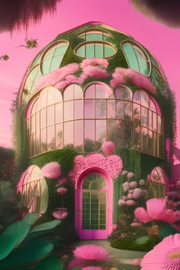 Architectural photo of a maximalist pink solar green house with lots of flowers and plants, golden light, hyperrealistic surrealism, award winning masterpiece with incredible details, epic stunning pink surrounding and round corners, big windows, art space , green house walls and celling