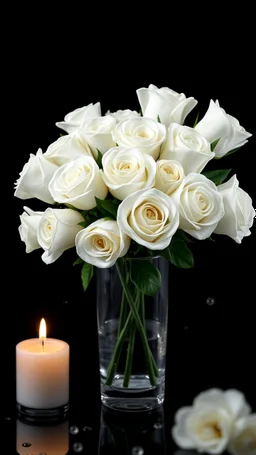 HThe image is a digital artwork that depicts a bouquet of 12 white roses in crystal vase , creating a wave-like effect. Beside it a candle , The background is black, which makes the white rose stand out even more. Water droplets are scattered adding to the dreamy, ethereal quality of the image. The a