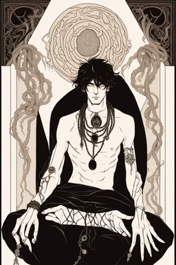 black haired young man necromancer wizard with gothic jewelry and tentacle fingers in the style of Aubrey Beardsley