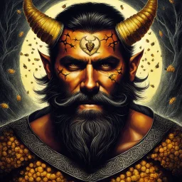 Devil of bees: a Celtic warrior with a beard, covered by honey, In the heart of the buzzing hive, where the walls cracked and the sacred ways of life were defiled, there lurked the malevolent presence known as the Devil of Bees. This laughing entity, with a dark, twisting beard that seemed to writhe with a life of its own, wielded a power that struck fear into the hearts of all who dared to cross its path.