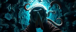 deep ocean hyper sonic space warp through jungle tunnel crash pilot ,weird experiment gone wrong perspective close up portrait of dj shrimp beaver octopus smug snake gringo gremlin pilot floating in space, looking down on cam, with background in the style of escher and giger, a chill contrapunctus fugue in the style of fsol, beethoven, goa trance breaks, dancefloor drum and bass,