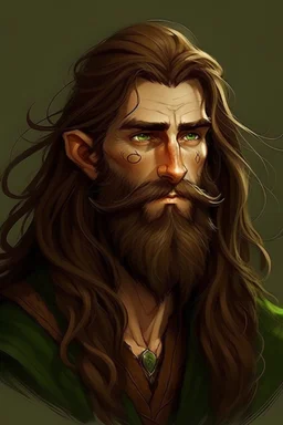 Gnom, braune lange wilde Haare, große Nase, gepflegter kurzer Bart, grüne Augen, schlank, hübsch, jung