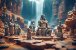 archeologists discovering storm giant people worshipping statues and idols, on a strange planet with weird colors and waterfalls, bokeh like f/0.8, tilt-shift lens 8k, high detail, smooth render, down-light, unreal engine, prize winning