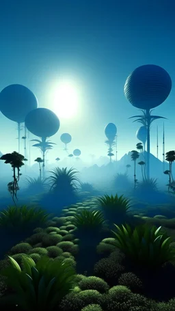 12 different sizes plants around a sun in fog blue backdrop with a big spaceship hi density photographic