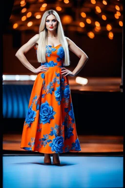 full body of very beautiful ukrain lady wearing orange_blue pretty midi flared dress ,standing idle pose in studio