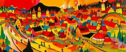 An orangish red Eastern village with torches painted by Wassily Kandinsky